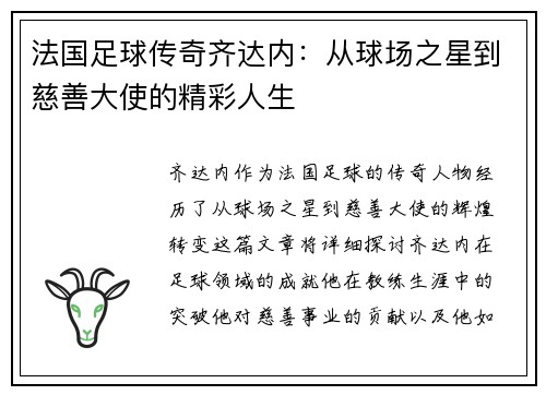 法国足球传奇齐达内：从球场之星到慈善大使的精彩人生
