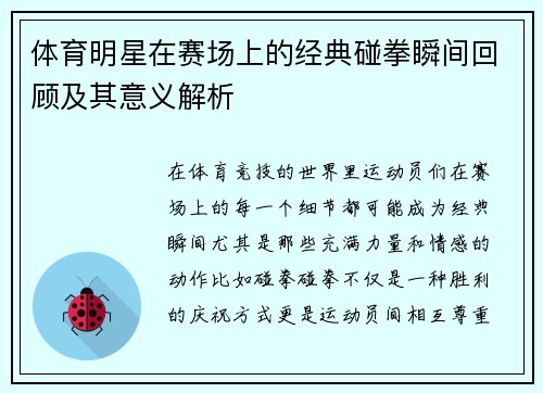 体育明星在赛场上的经典碰拳瞬间回顾及其意义解析
