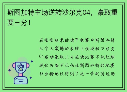 斯图加特主场逆转沙尔克04，豪取重要三分！