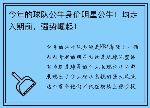 今年的球队公牛身价明星公牛！均走入期前，强势崛起！